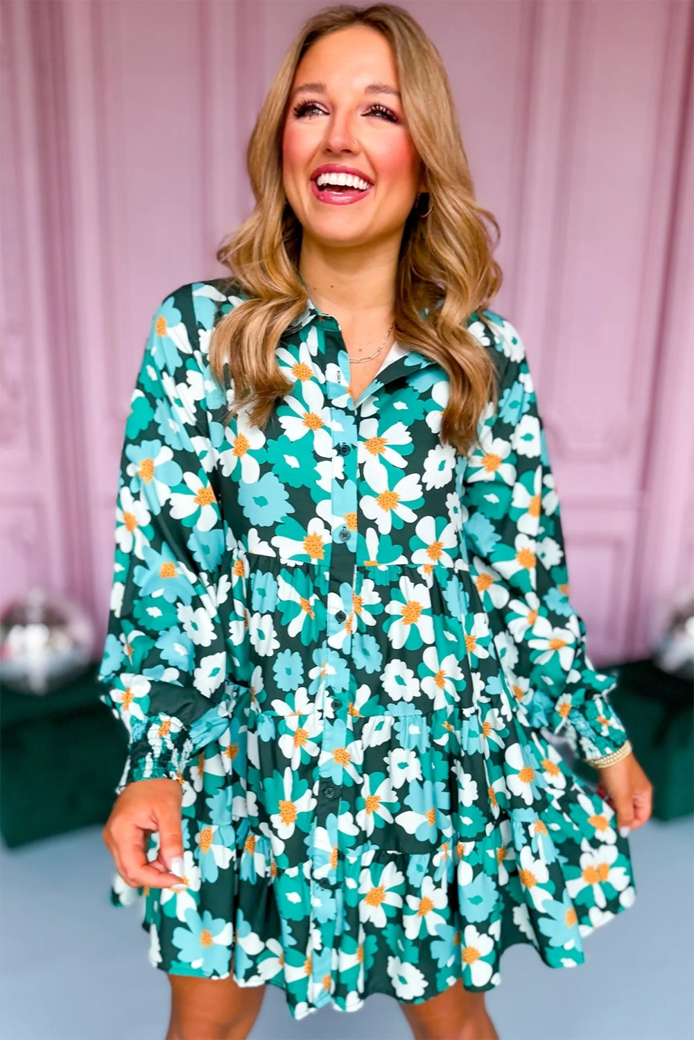 Robe chemise verte à fleurs manches longues bouffantes élégante pour femmes