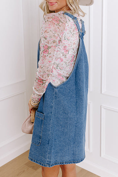 Mini-robe en jean bleu crépuscule à larges bretelles et boutons pour femmes