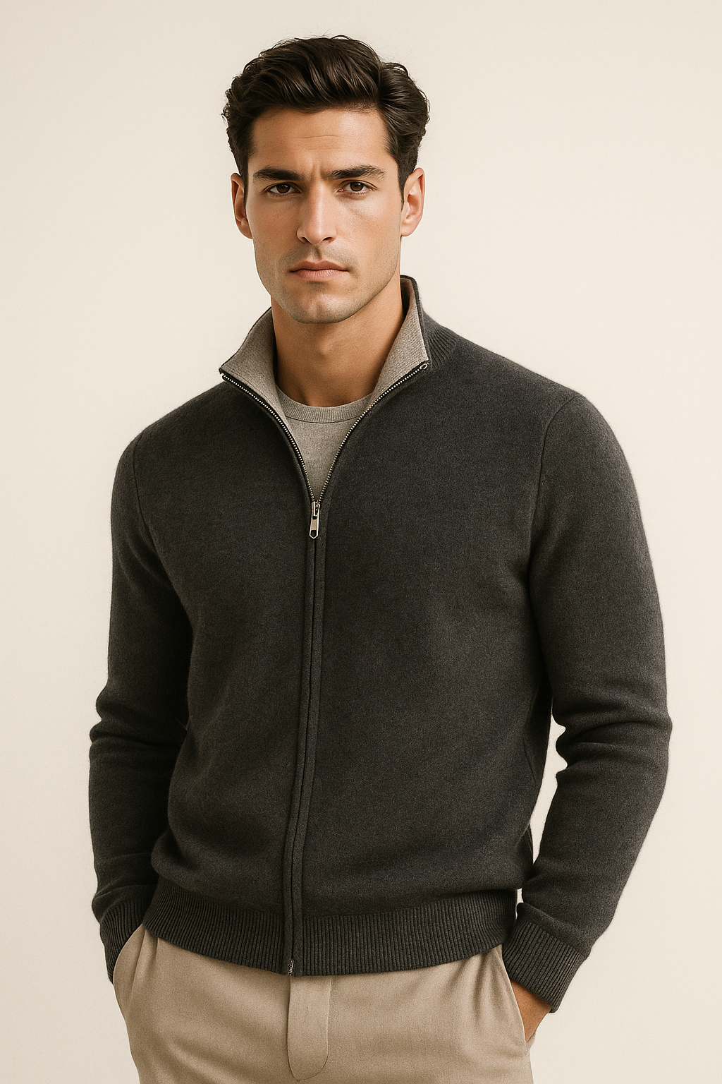 Marciello Pull en Cachemire Réversible Zippé Gris & Gris Foncé