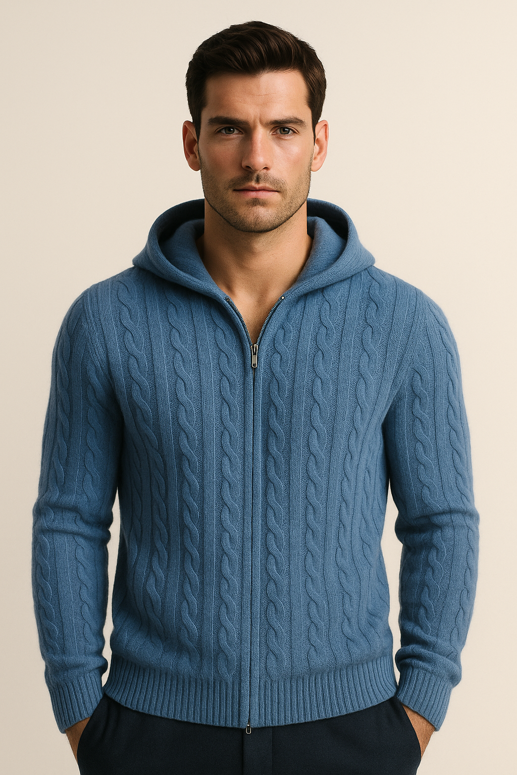 Talieri Sweat à Capuche en Tricot Câble Bleu