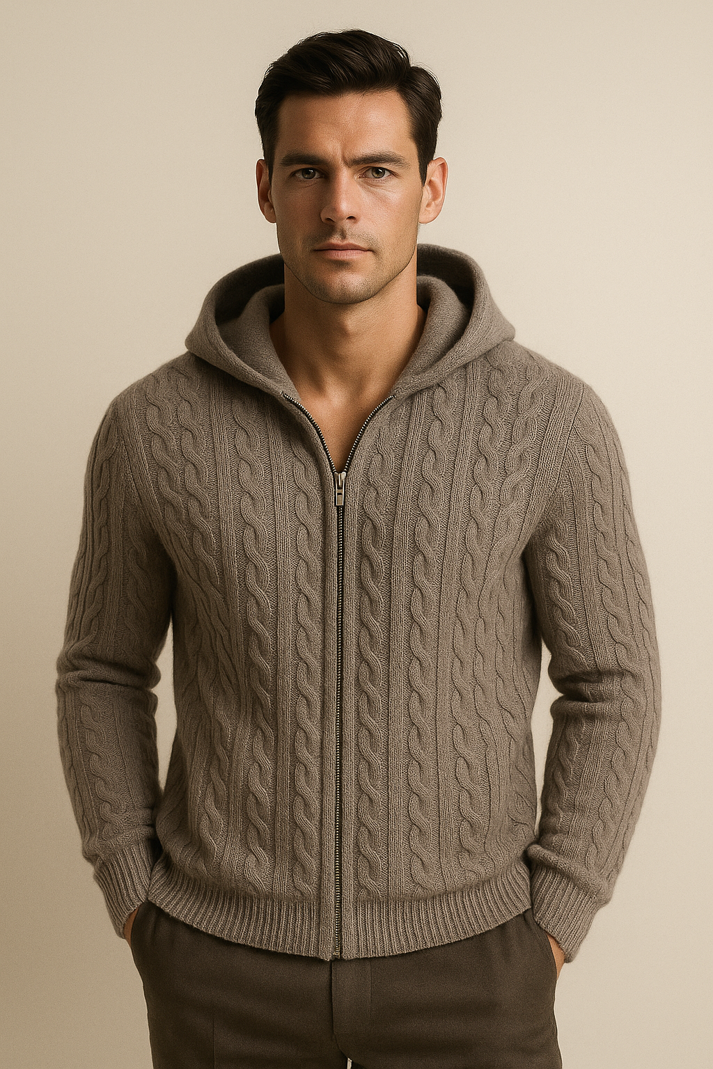 Talieri Sweat à Capuche en Tricot Câble Gris