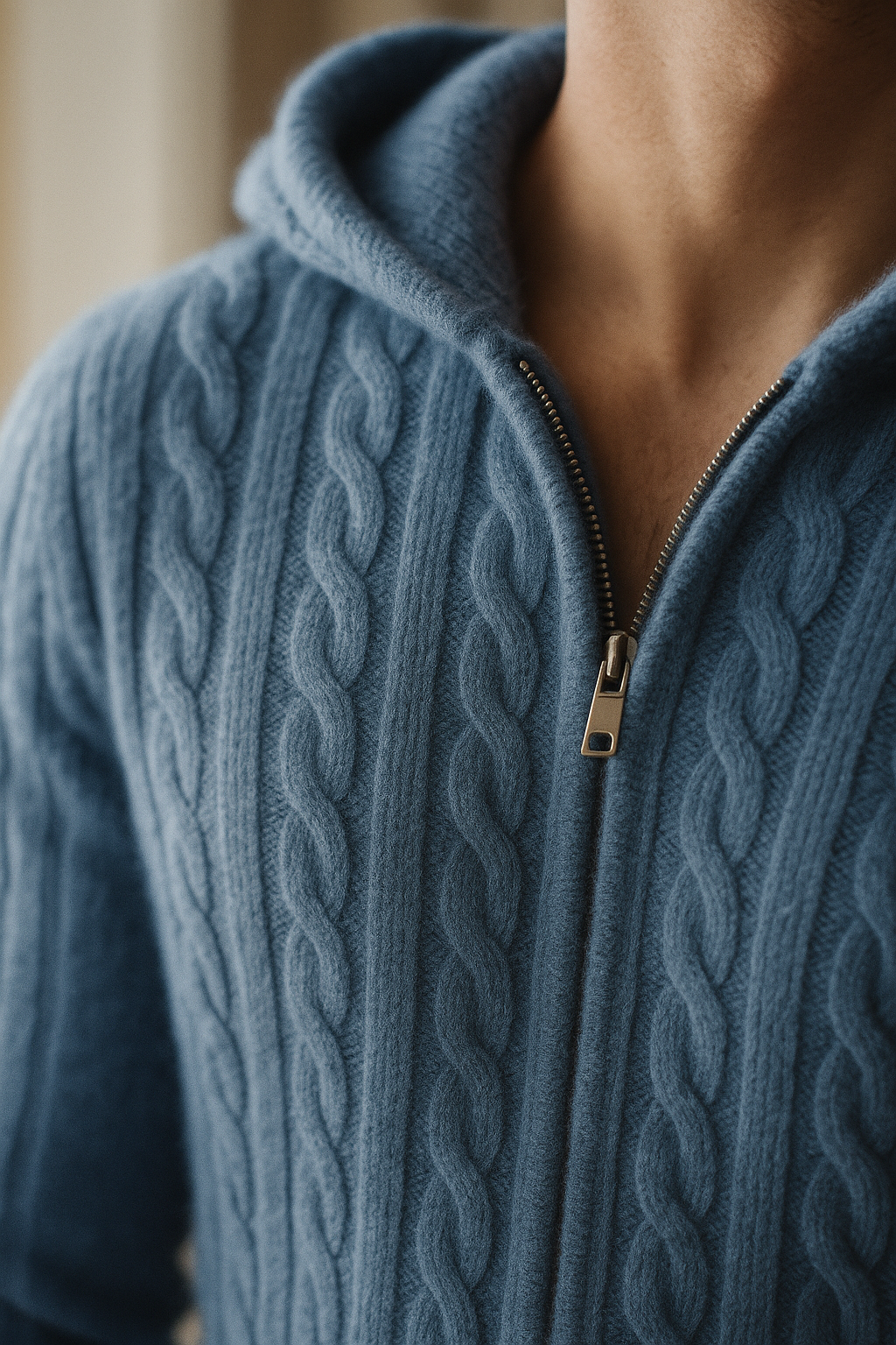 Talieri Sweat à Capuche en Tricot Câble Bleu
