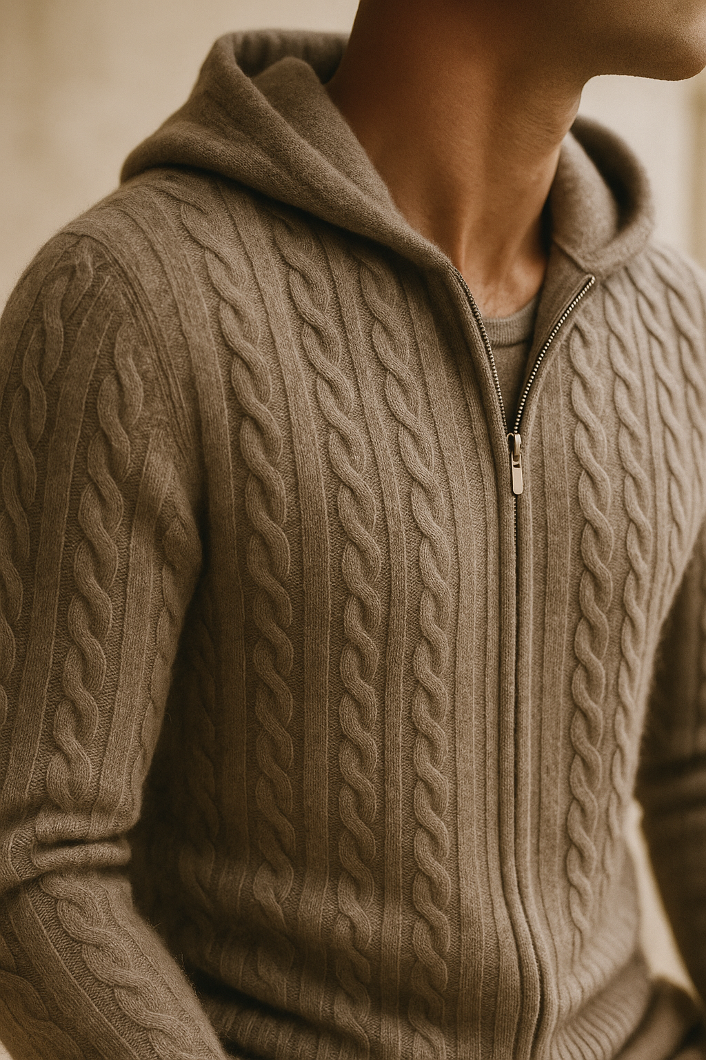 Talieri Sweat à Capuche en Tricot Câble Gris
