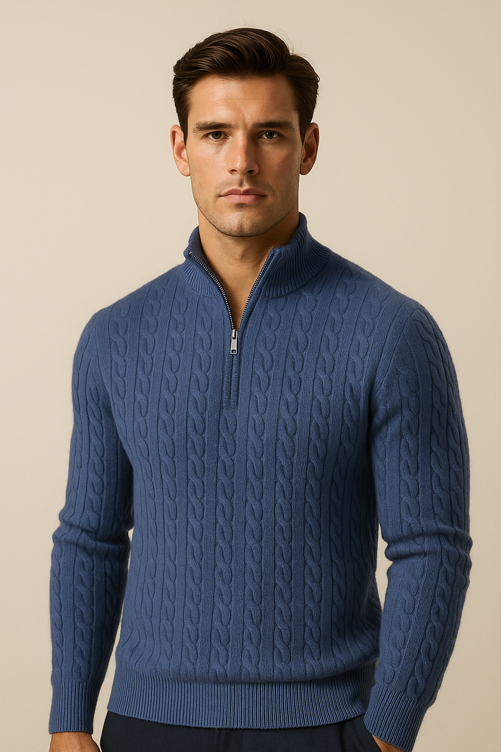 Lerano Cashwool Pull à Col Zippé Bleu