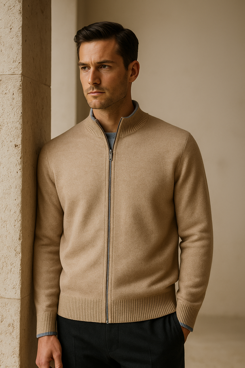 Cardigan zippé classique beige