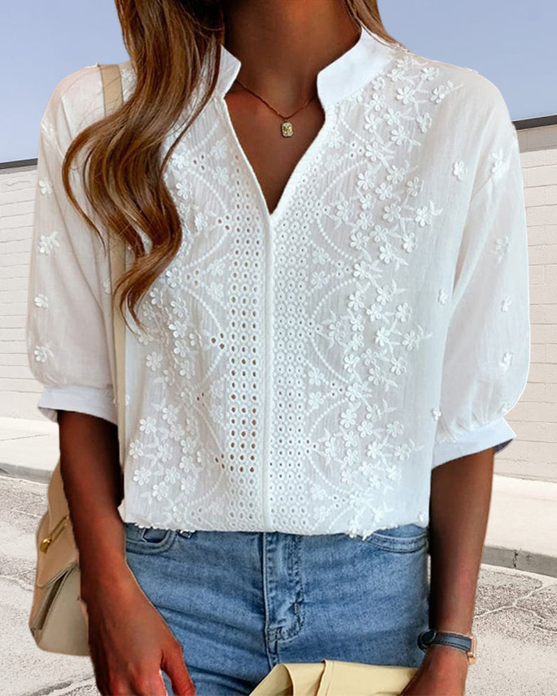 Marchmel | Blouse femme Amélie avec col en V manches bouffantes coton mélangé détails