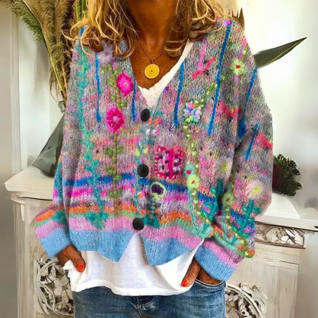 Marchmel | Elisa cardigan bohème multicolore avec broderies fleuries coupe ample