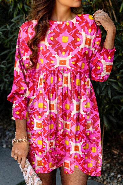Mini-robe smockée rose à motifs géométriques manches longues esprit bohème pour femmes