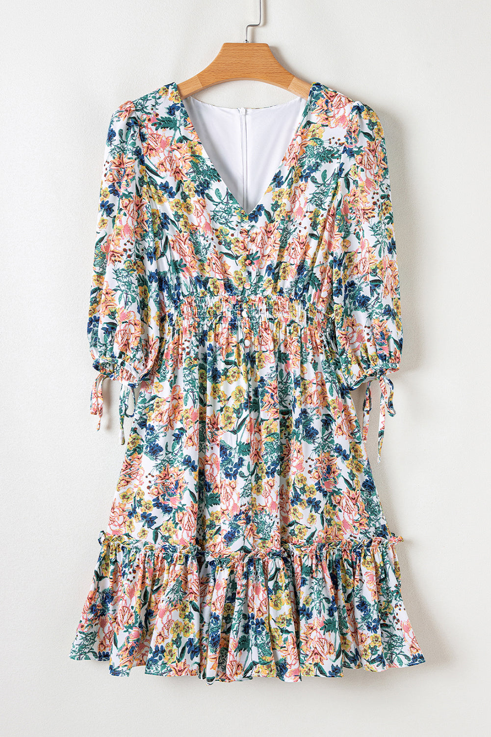 Robe florale bleu ciel à taille haute et manches 3/4 pour femmes