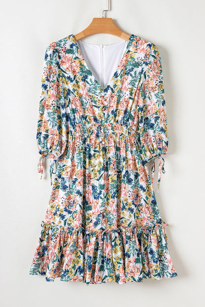 Robe florale bleu ciel à taille haute et manches 3/4 pour femmes