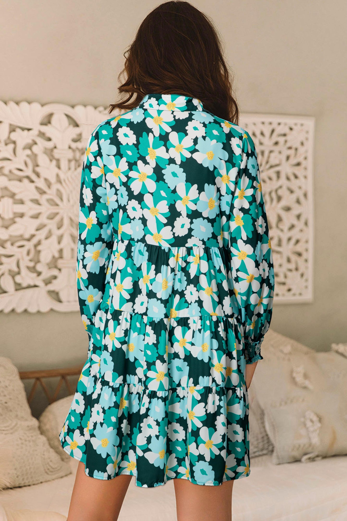 Robe chemise verte à fleurs manches longues bouffantes élégante pour femmes