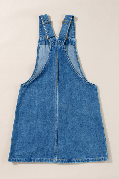 Mini-robe en jean bleu crépuscule à larges bretelles et boutons pour femmes