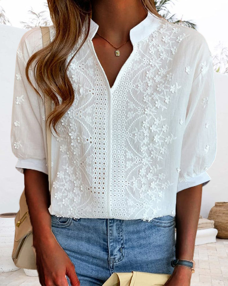 Marchmel | Blouse femme Amélie avec col en V manches bouffantes coton mélangé détails
