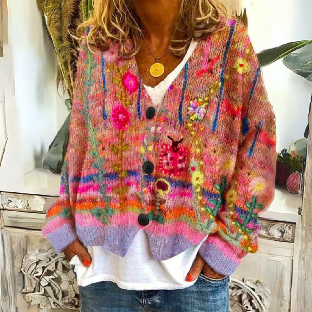 Marchmel | Elisa cardigan bohème multicolore avec broderies fleuries coupe ample