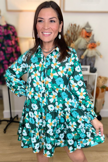 Robe chemise verte à fleurs manches longues bouffantes élégante pour femmes