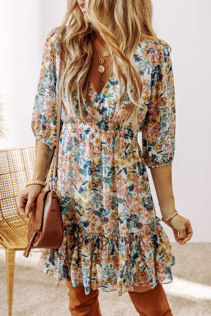 Robe florale bleu ciel à taille haute et manches 3/4 pour femmes