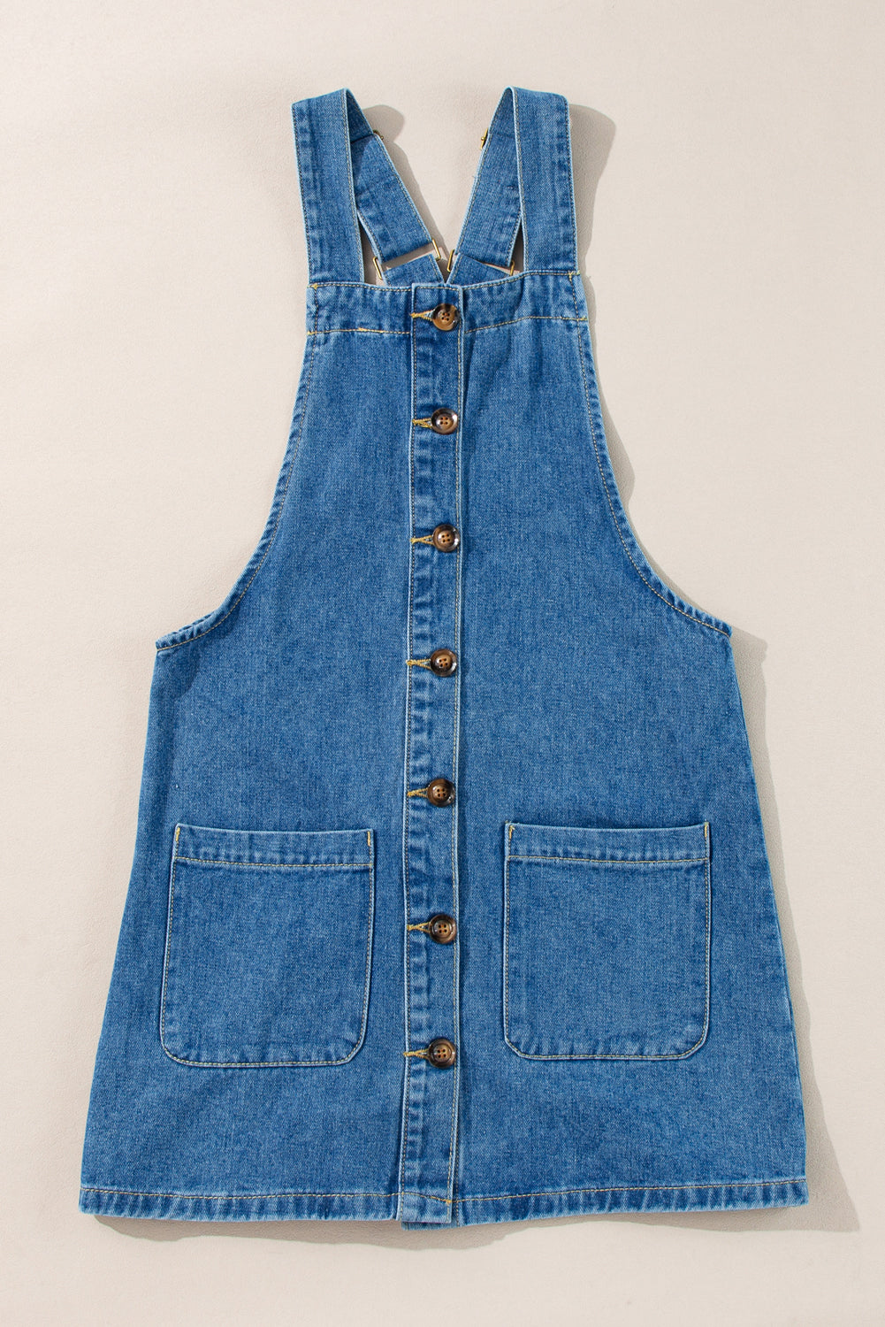 Mini-robe en jean bleu crépuscule à larges bretelles et boutons pour femmes