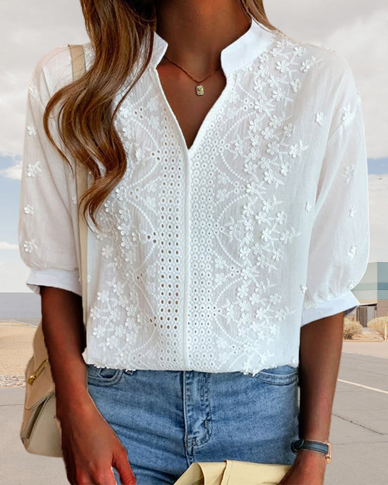Marchmel | Blouse femme Amélie avec col en V manches bouffantes coton mélangé détails