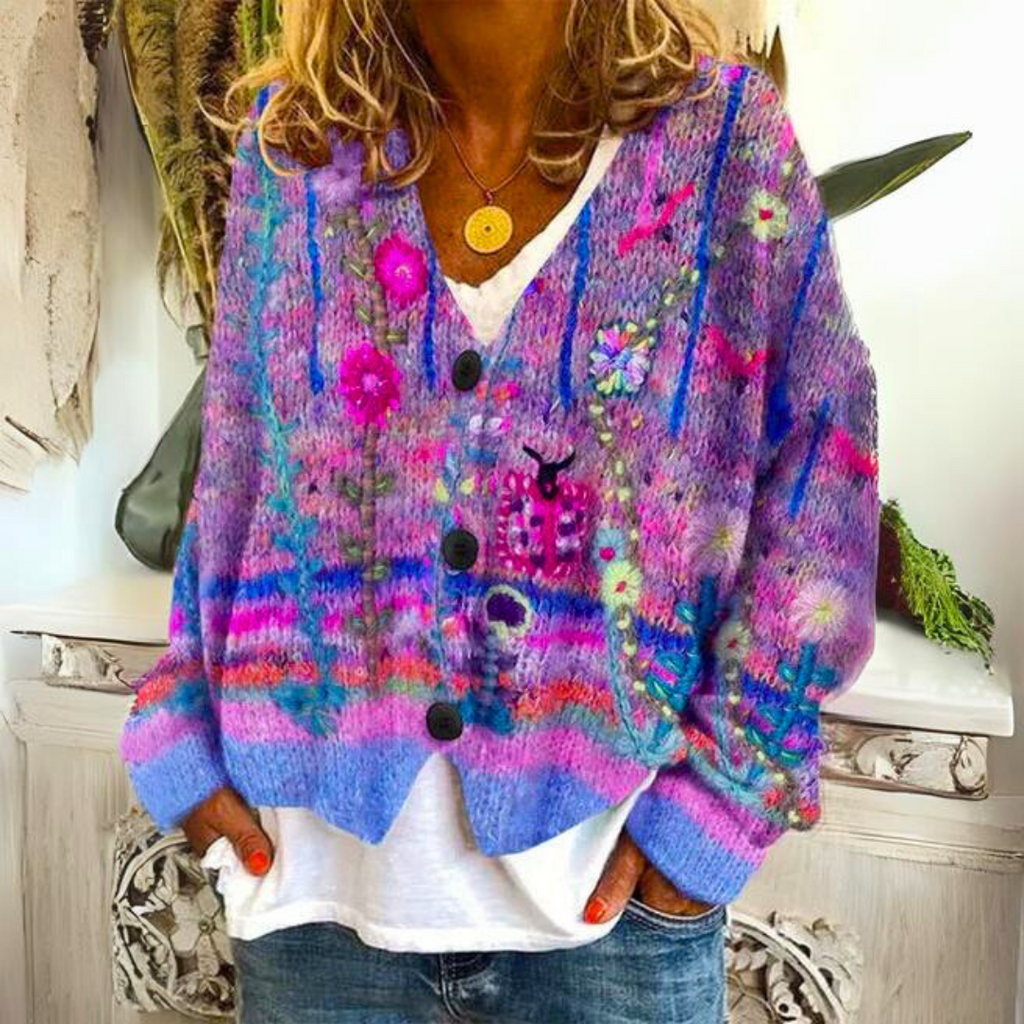 Marchmel | Elisa cardigan bohème multicolore avec broderies fleuries coupe ample