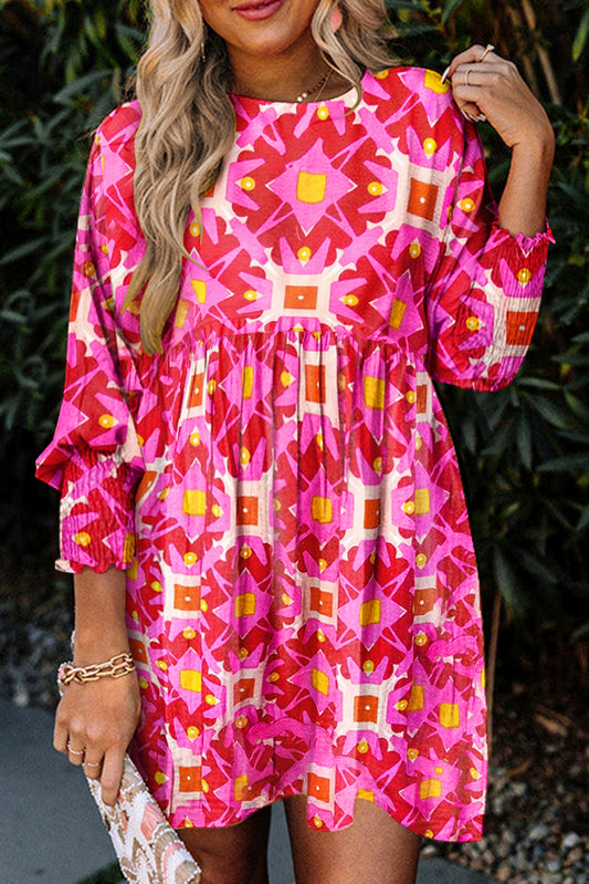 Mini-robe smockée rose à motifs géométriques manches longues esprit bohème pour femmes