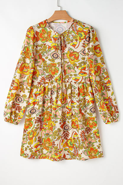 Mini-robe jaune crème à imprimé floral et manches bouffantes pour femmes