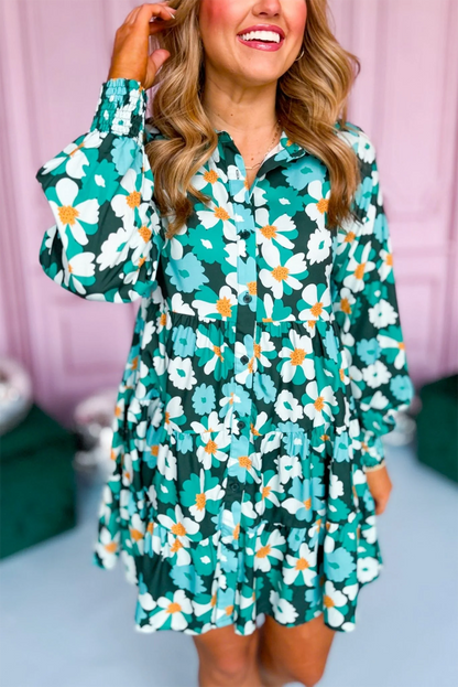 Robe chemise verte à fleurs manches longues bouffantes élégante pour femmes