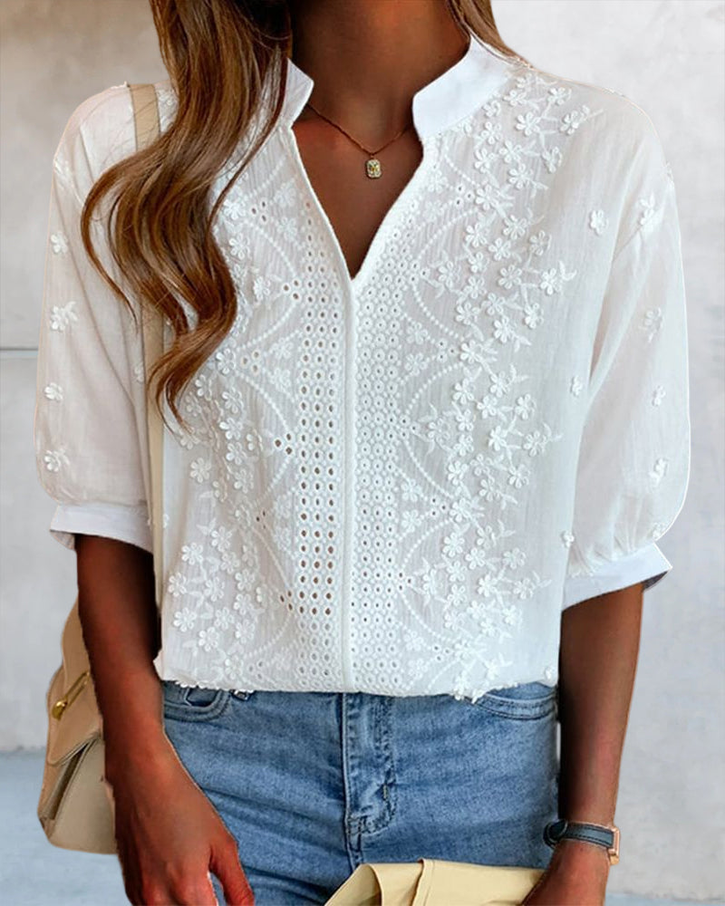 Marchmel | Blouse femme Amélie avec col en V manches bouffantes coton mélangé détails