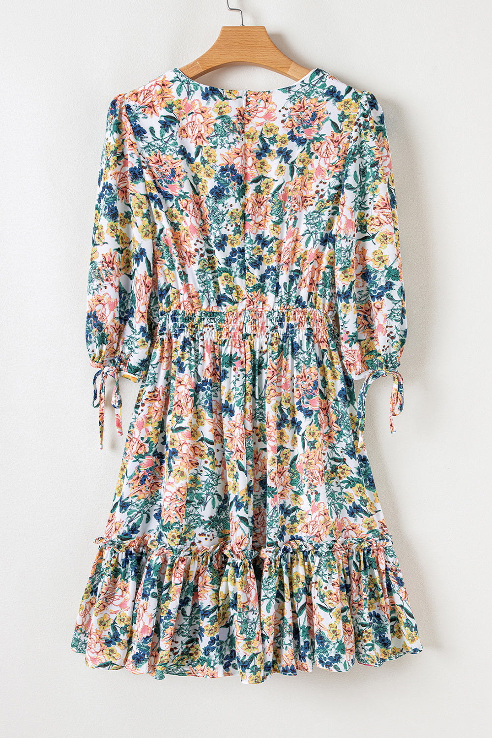 Robe florale bleu ciel à taille haute et manches 3/4 pour femmes
