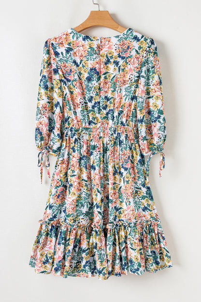 Robe florale bleu ciel à taille haute et manches 3/4 pour femmes