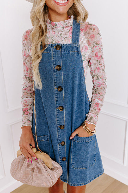 Mini-robe en jean bleu crépuscule à larges bretelles et boutons pour femmes