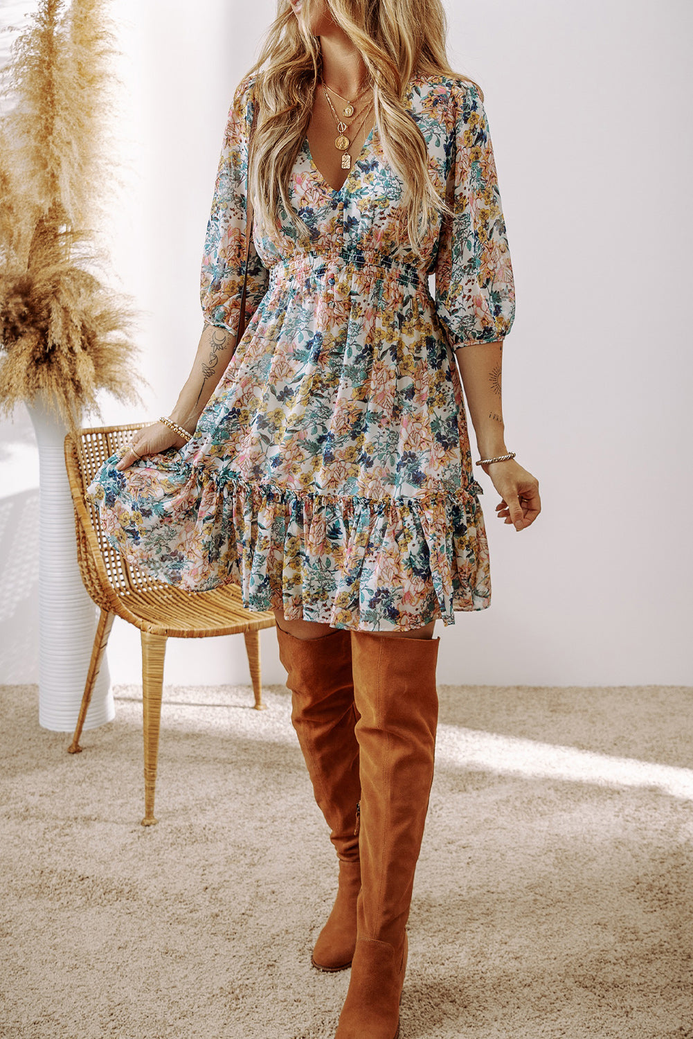Robe florale bleu ciel à taille haute et manches 3/4 pour femmes