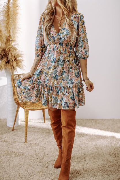 Robe florale bleu ciel à taille haute et manches 3/4 pour femmes