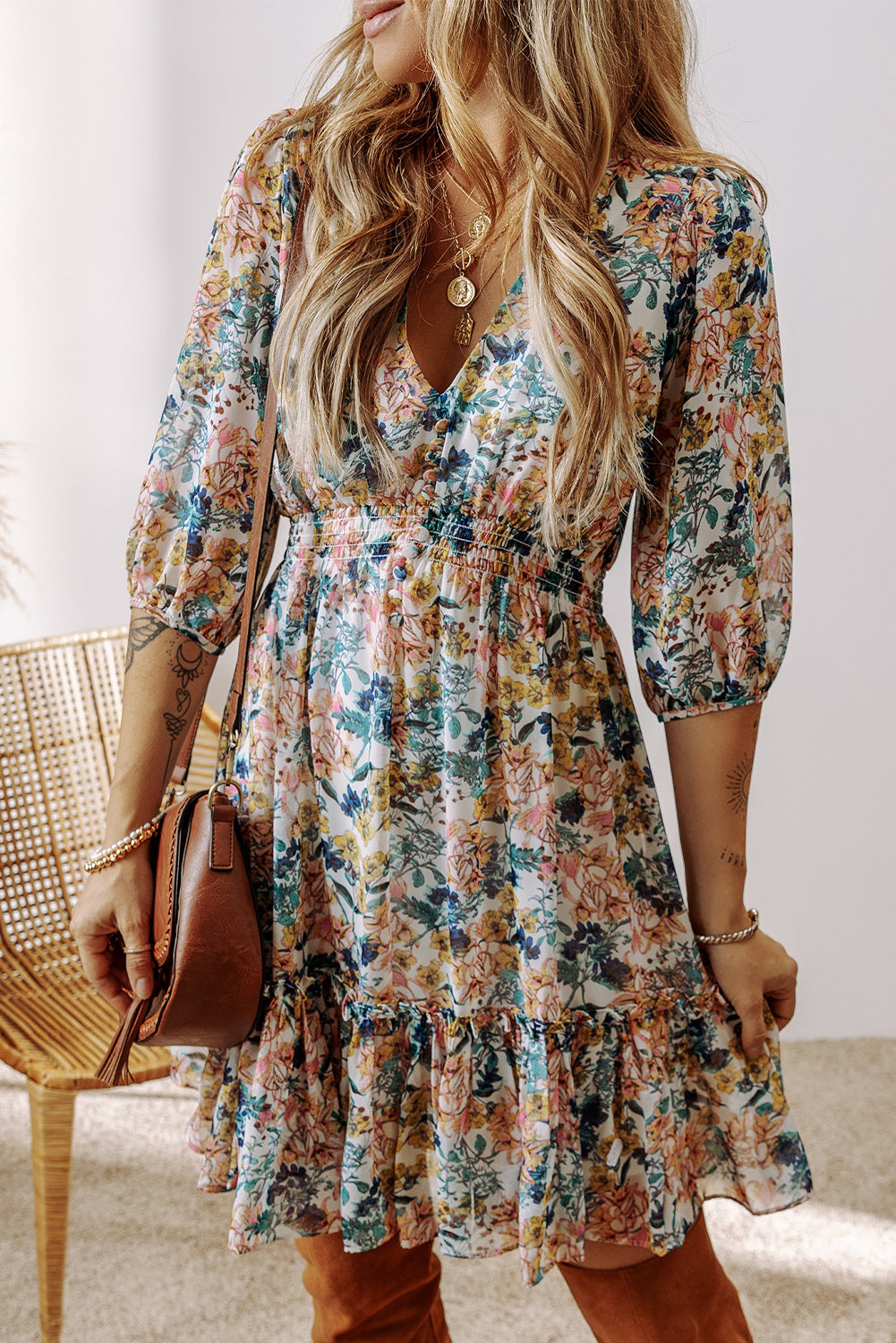 Robe florale bleu ciel à taille haute et manches 3/4 pour femmes