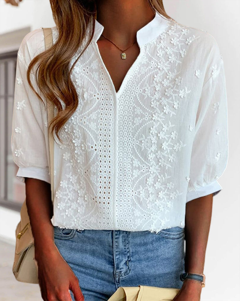 Marchmel | Blouse femme Amélie avec col en V manches bouffantes coton mélangé détails
