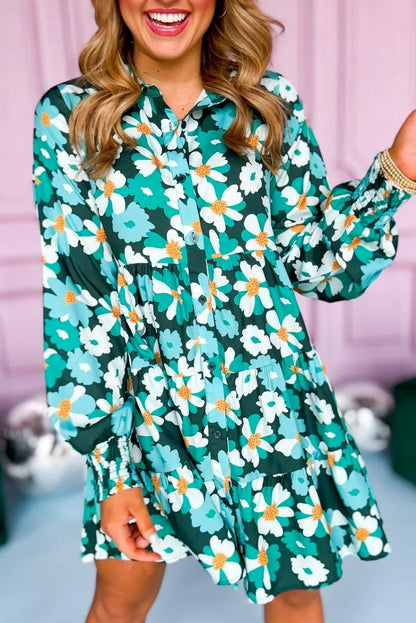 Robe chemise verte à fleurs manches longues bouffantes élégante pour femmes