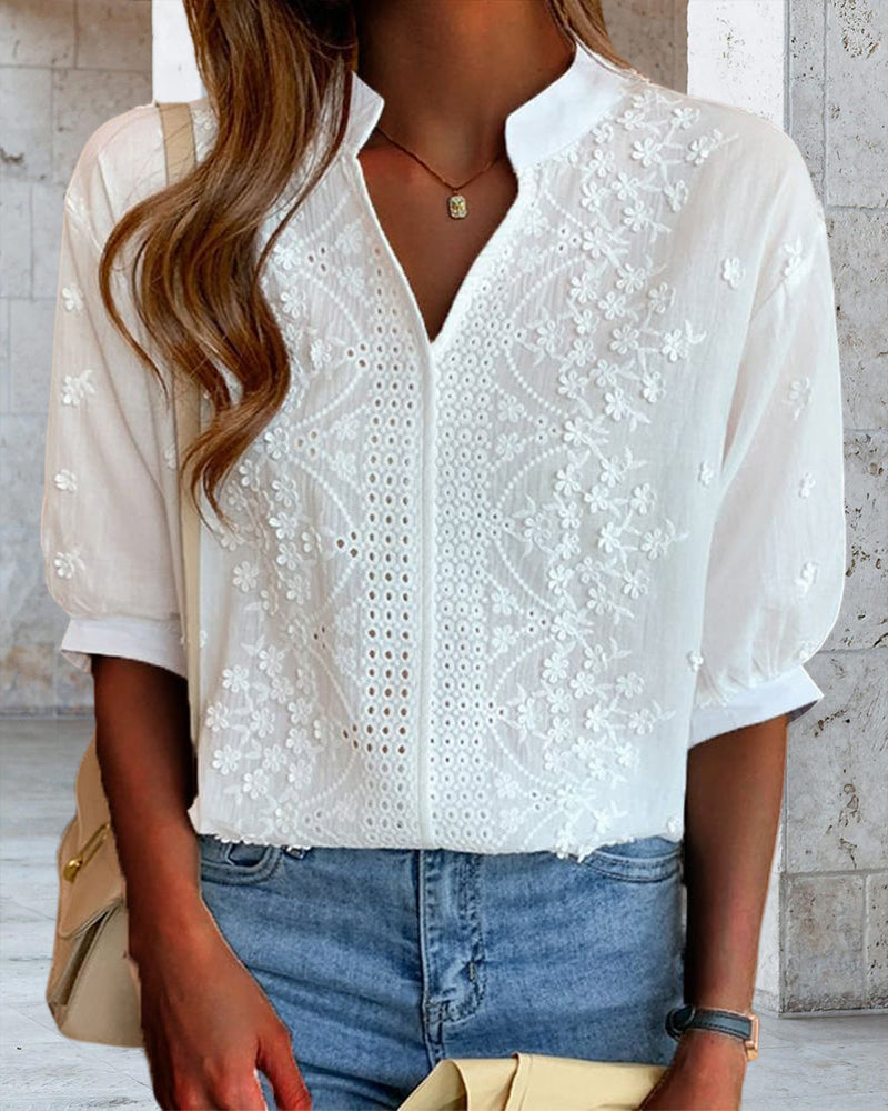 Marchmel | Blouse femme Amélie avec col en V manches bouffantes coton mélangé détails