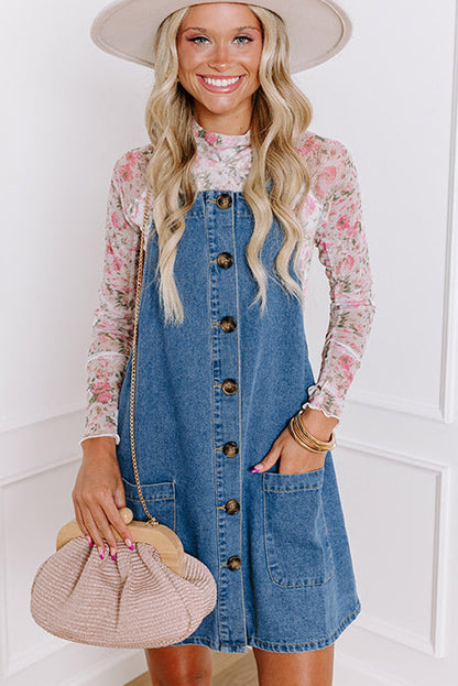Mini-robe en jean bleu crépuscule à larges bretelles et boutons pour femmes
