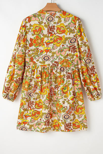 Mini-robe jaune crème à imprimé floral et manches bouffantes pour femmes