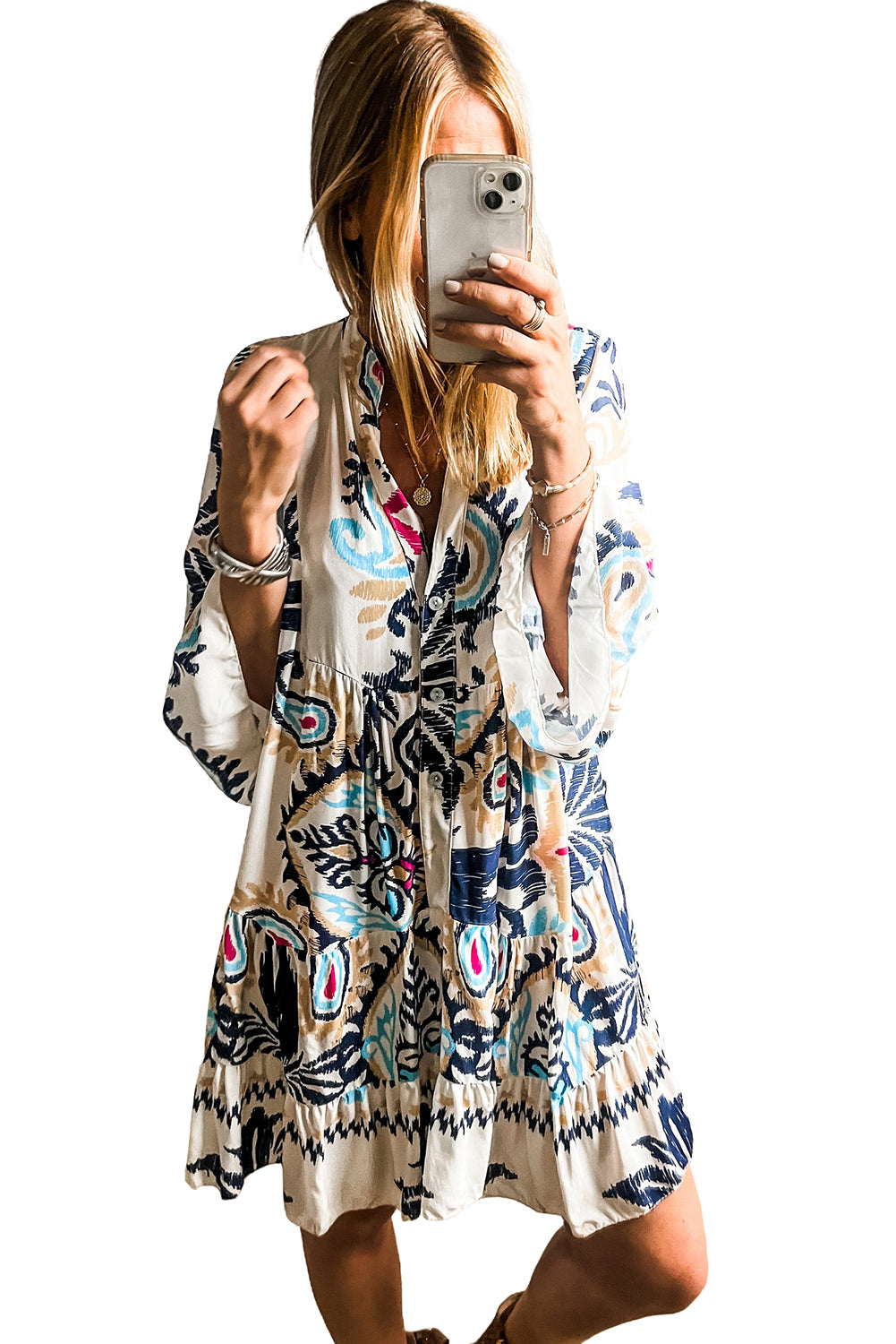 Mini-robe imprimée à motifs tribaux et manches bracelet pour femmes