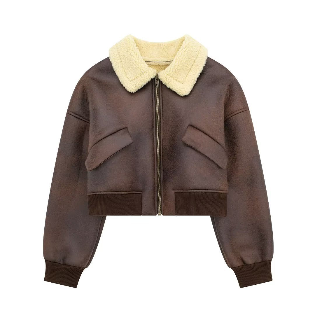 Veste de vol à revers manches longues avec fermeture éclair double face pour femmes
