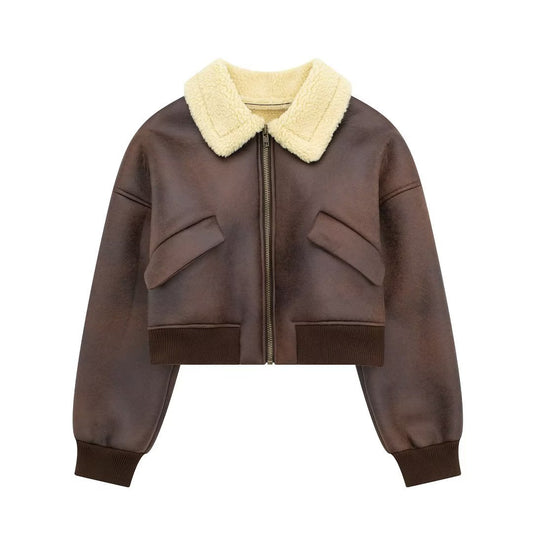 Veste de vol à revers manches longues avec fermeture éclair double face pour femmes