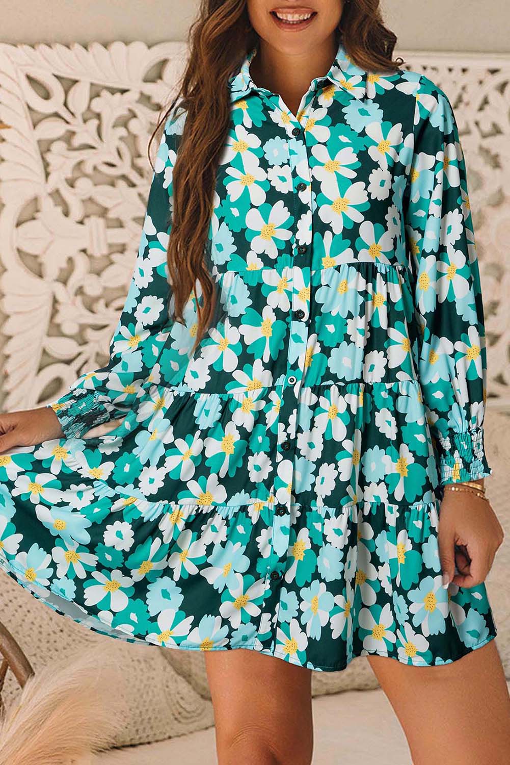 Robe chemise verte à fleurs manches longues bouffantes élégante pour femmes
