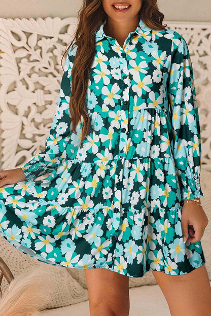 Robe chemise verte à fleurs manches longues bouffantes élégante pour femmes