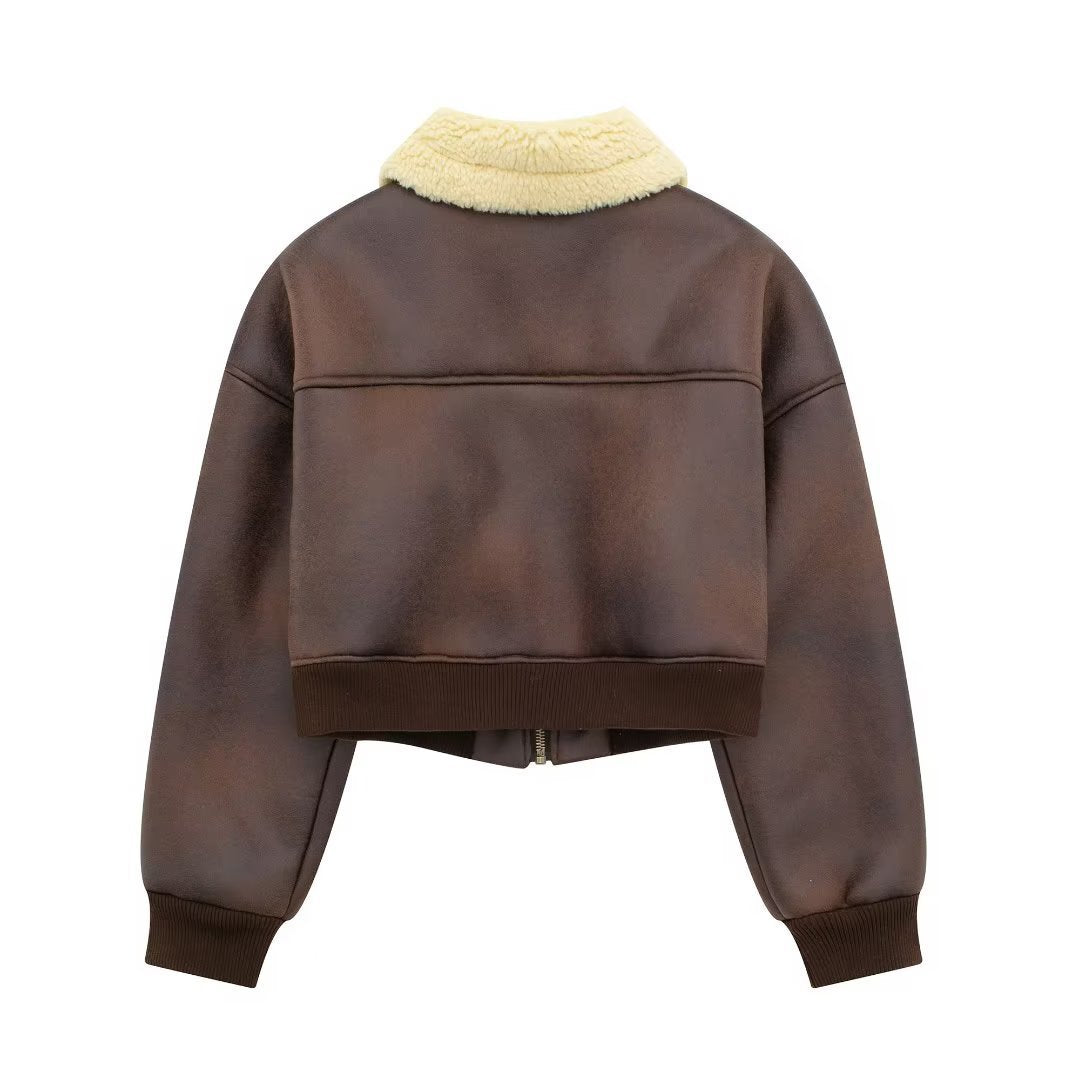 Veste de vol à revers manches longues avec fermeture éclair double face pour femmes
