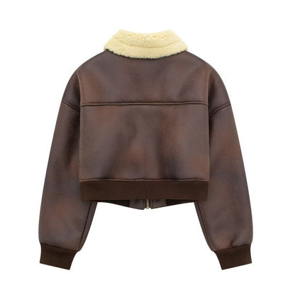 Veste de vol à revers manches longues avec fermeture éclair double face pour femmes
