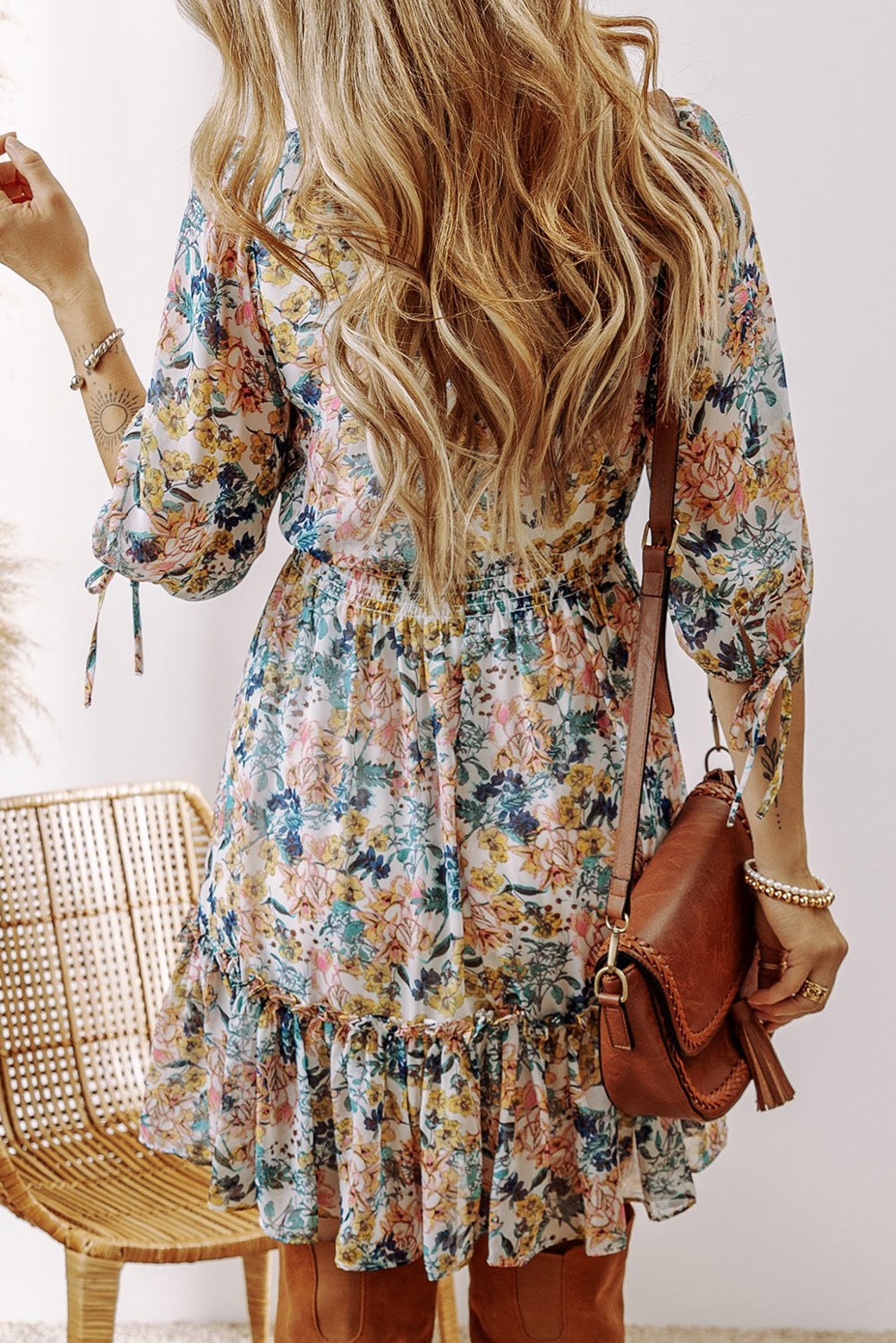 Robe florale bleu ciel à taille haute et manches 3/4 pour femmes
