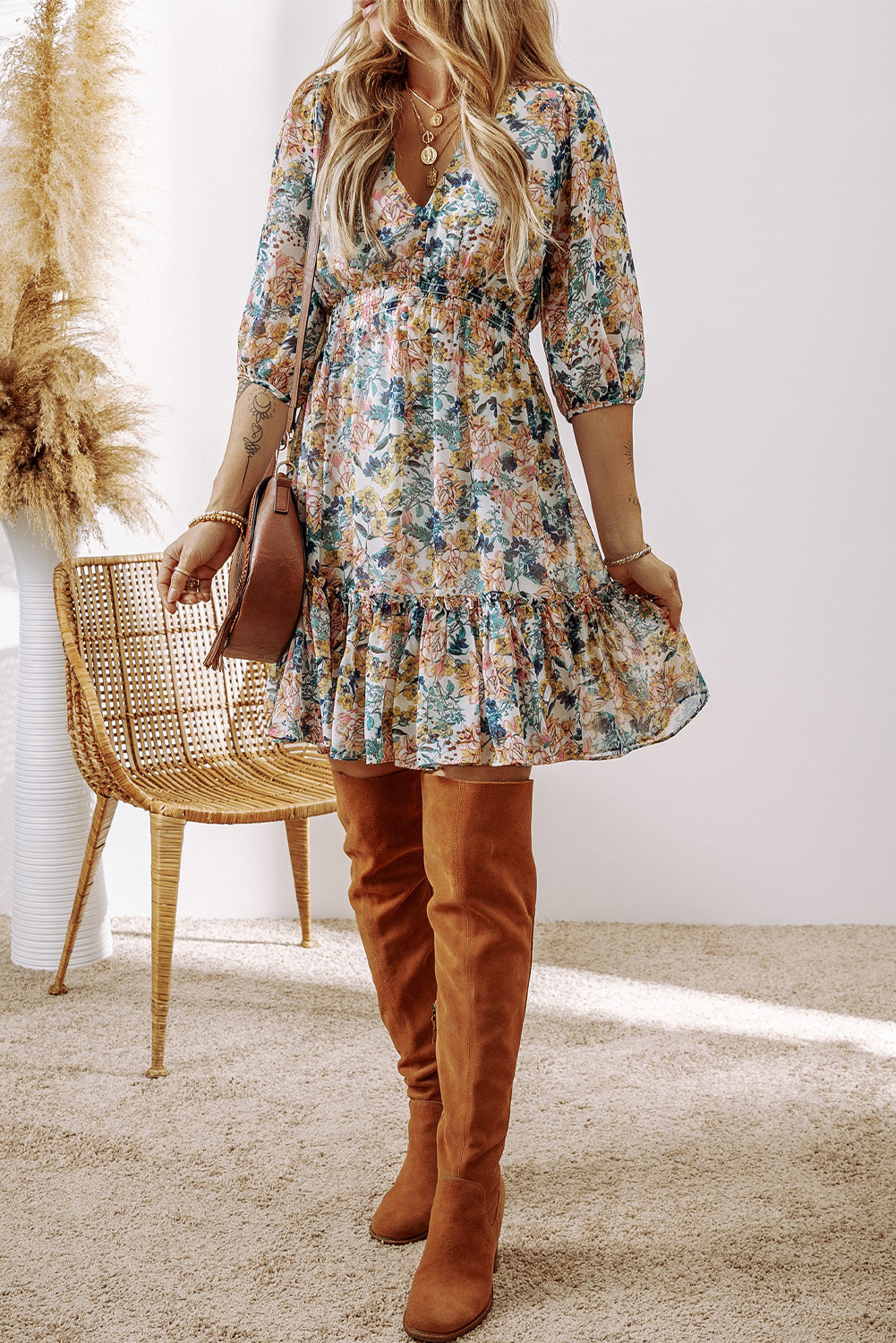 Robe florale bleu ciel à taille haute et manches 3/4 pour femmes
