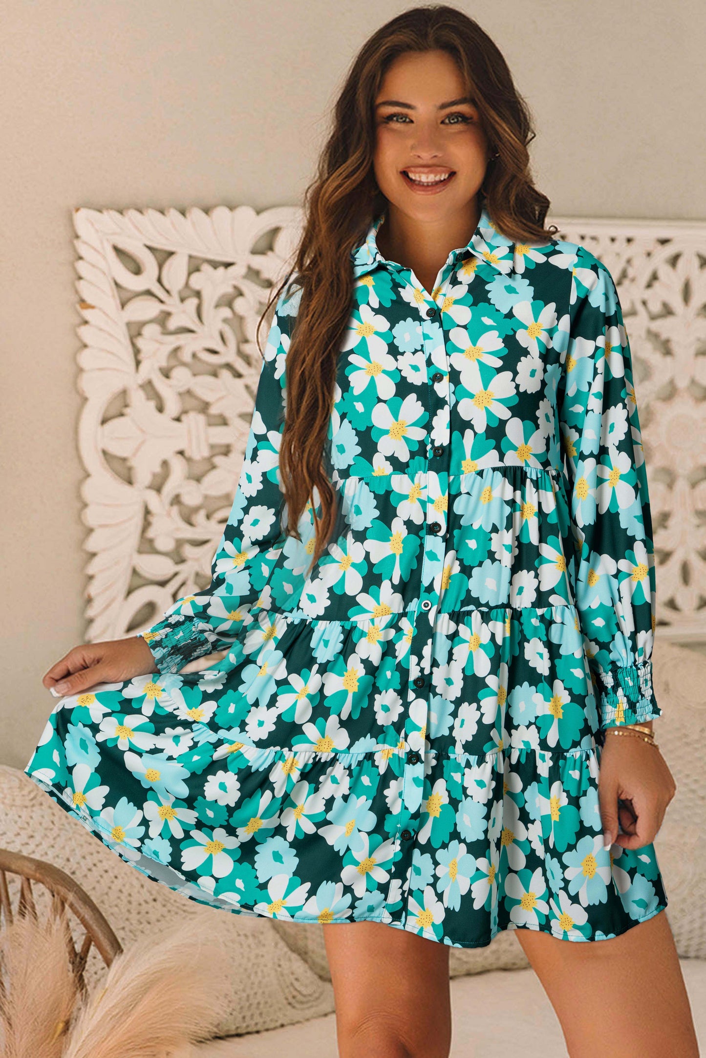 Robe chemise verte à fleurs manches longues bouffantes élégante pour femmes