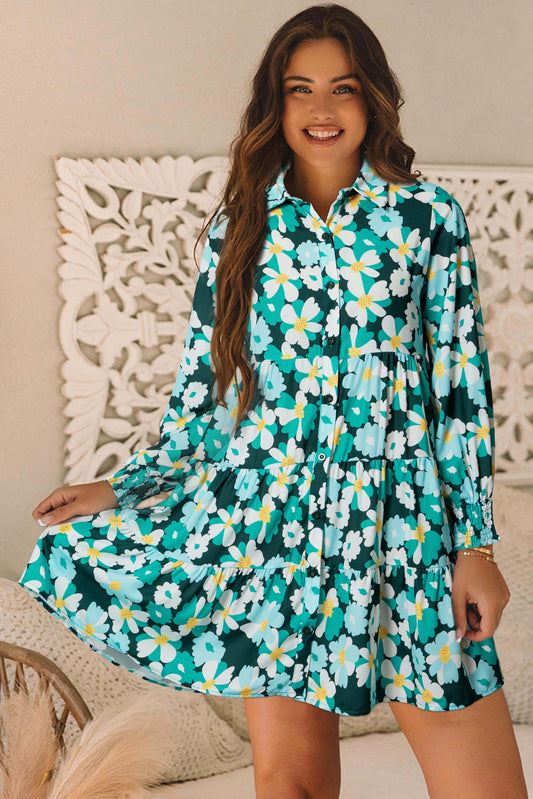 Robe chemise verte à fleurs manches longues bouffantes élégante pour femmes