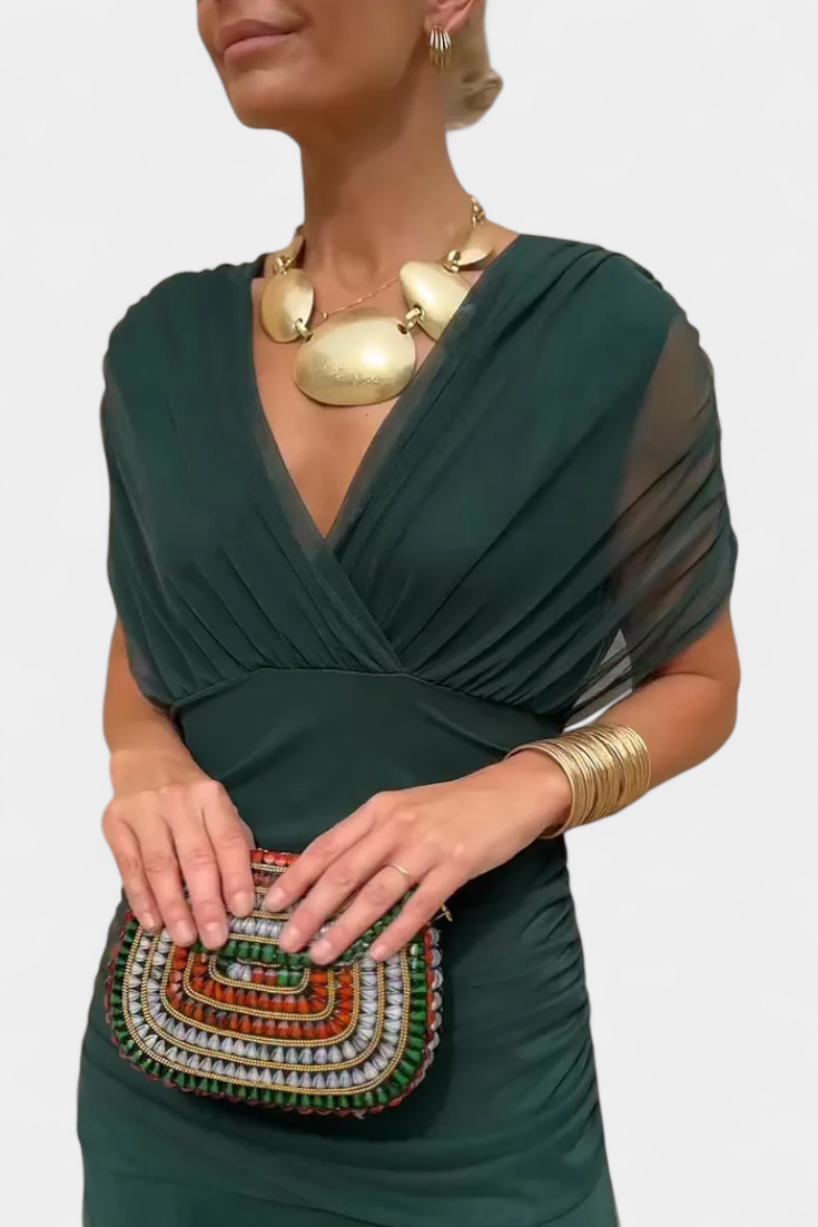 Marchmel | Robe longue froncée pour femme avec col en V élégante fluide